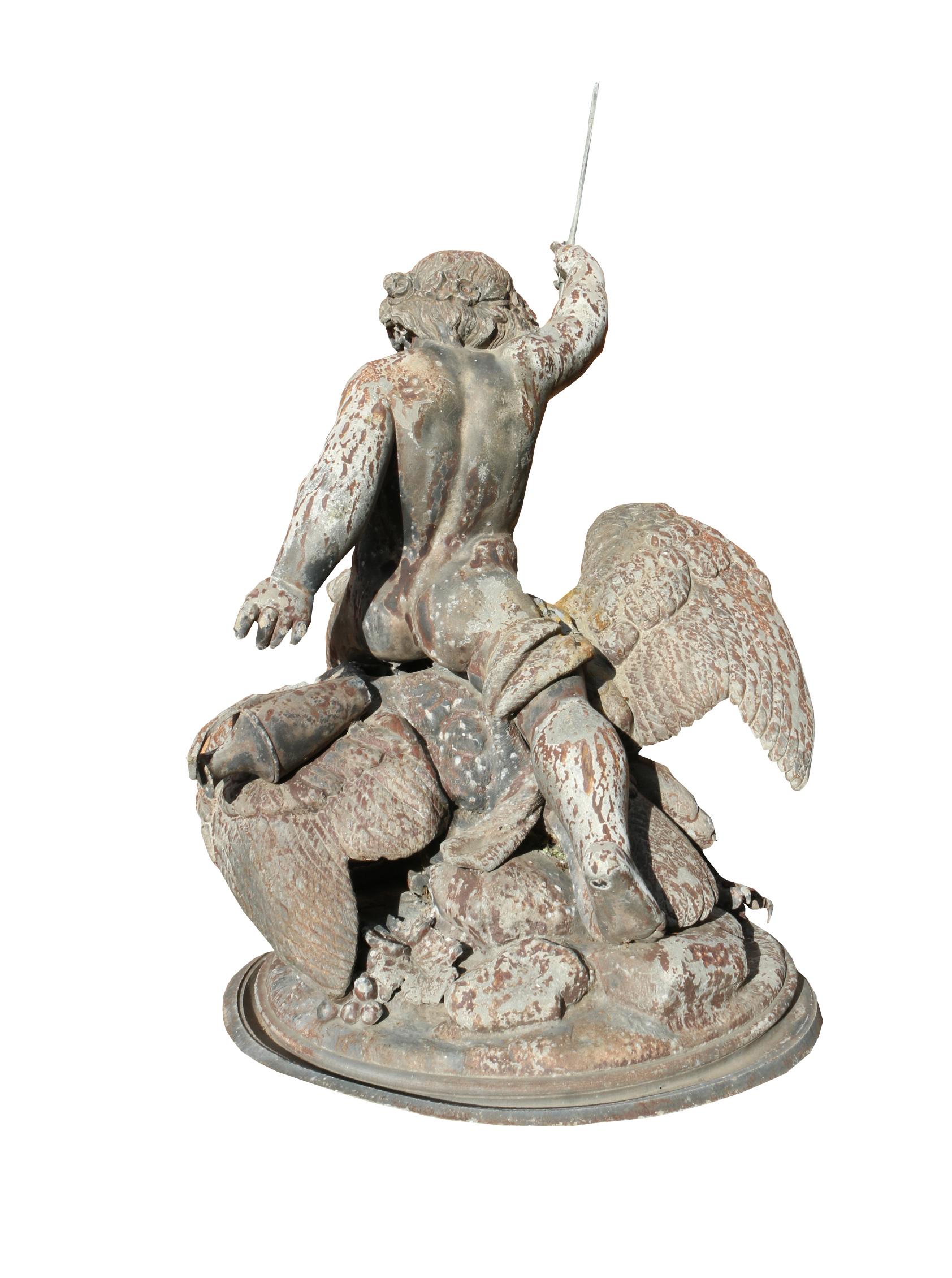 English 19th Century Cast Zinc Sculpture, Putti Riding an Eagle