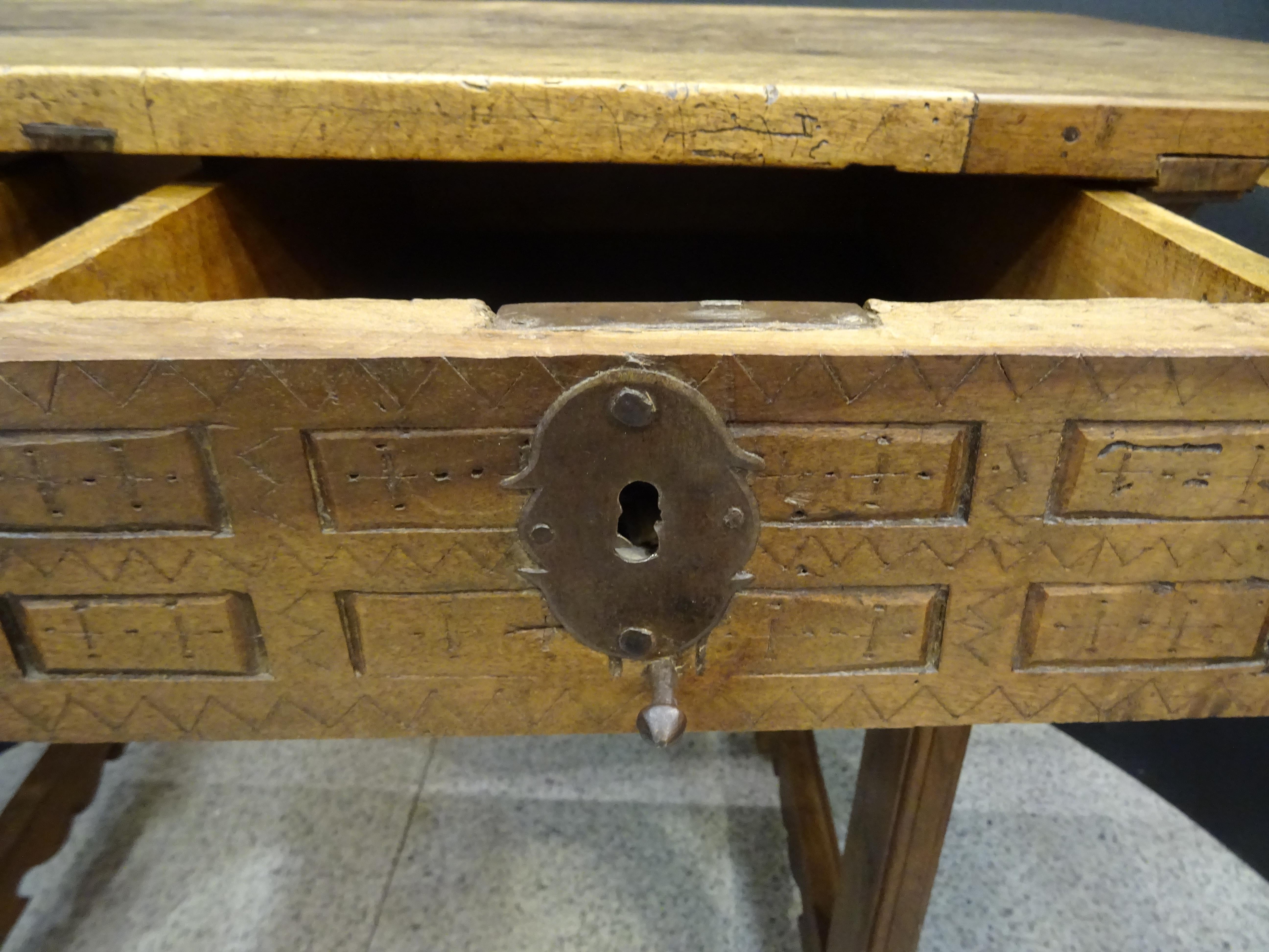 19th  Castilian Spanish  Table Walnut Wood and  Wrought Iron Keyhole  2