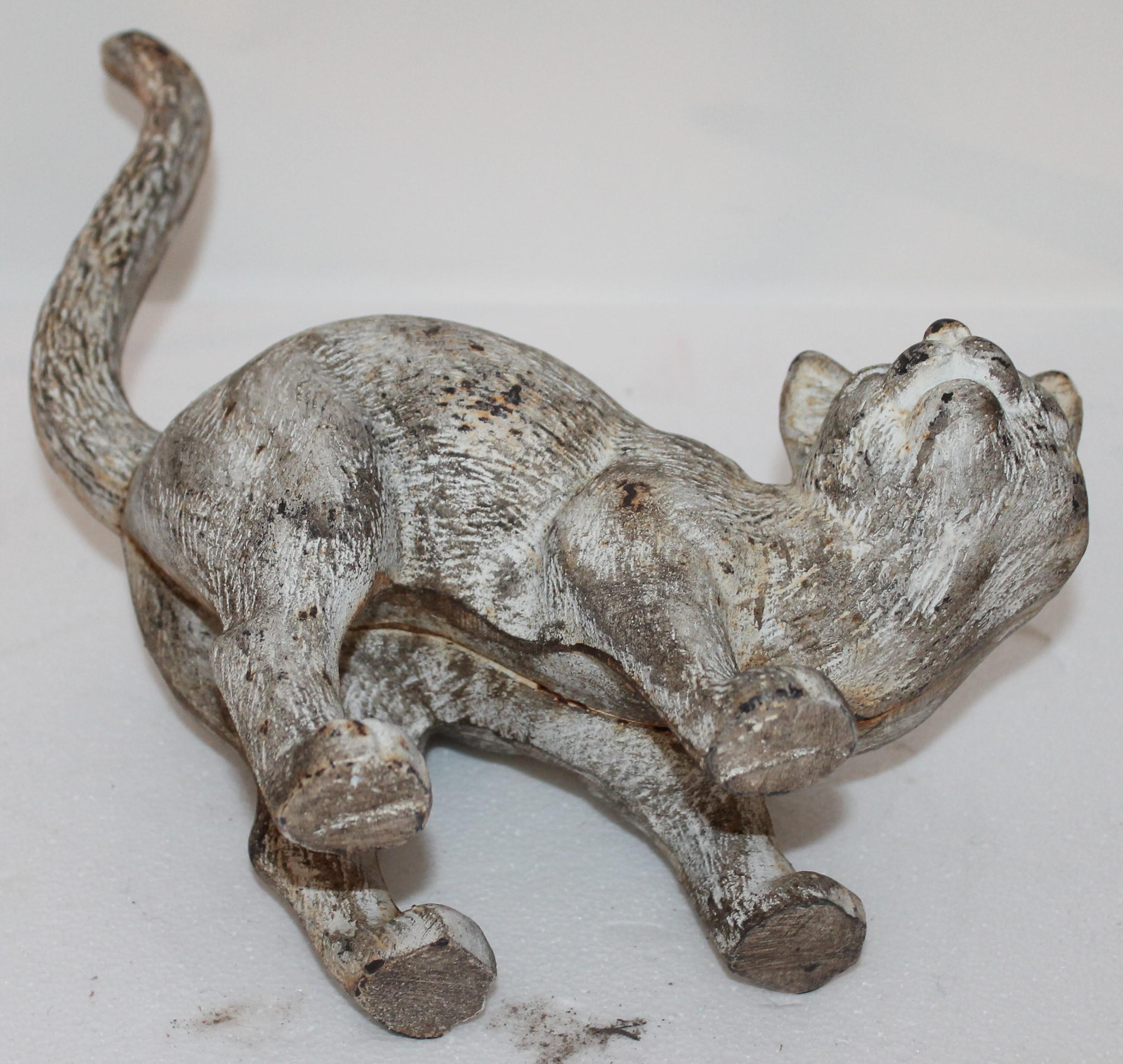 Hand-Painted 19th Century Cat Door Stop in Original White Paint