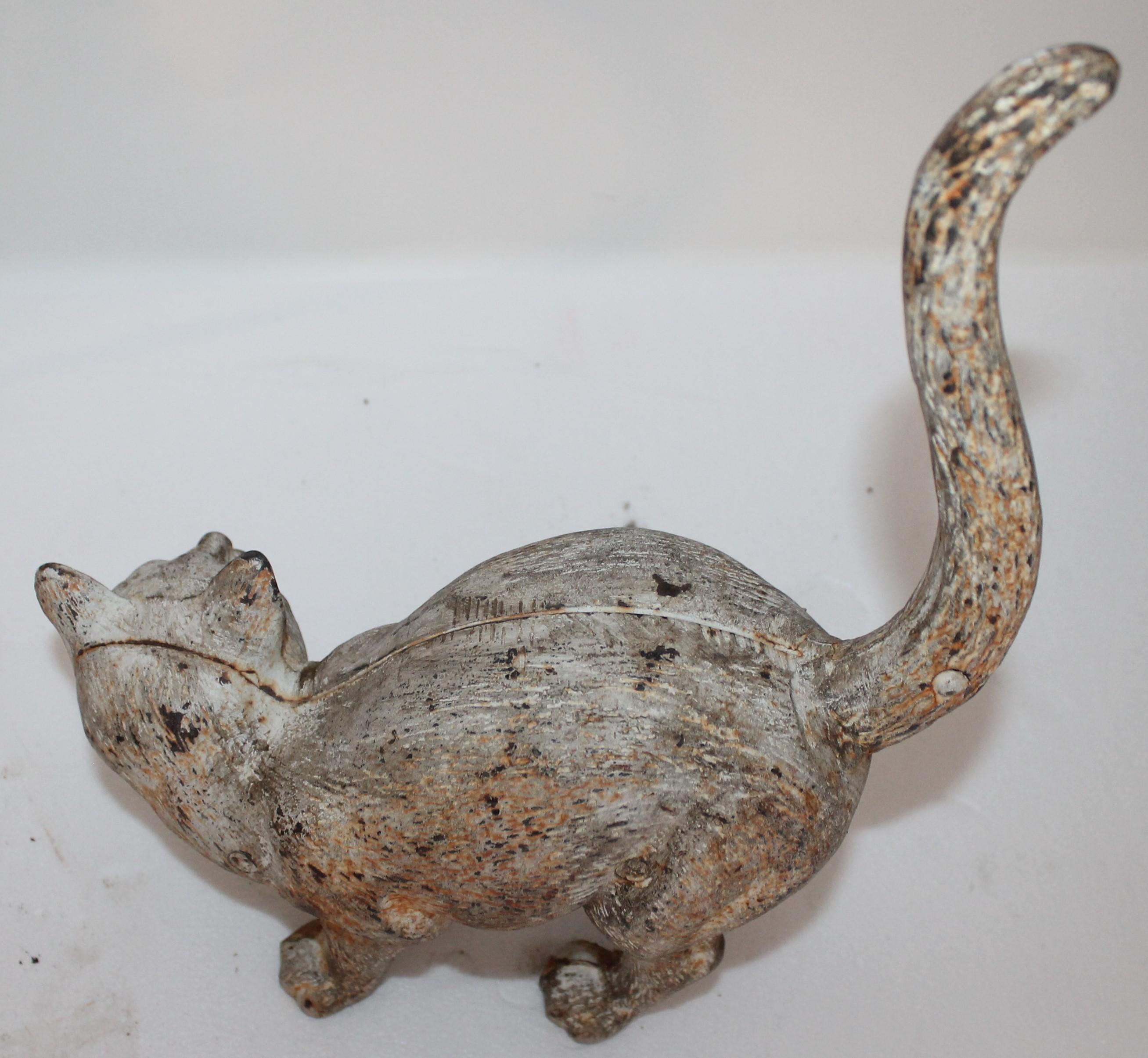 Iron 19th Century Cat Door Stop in Original White Paint