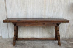 19th Century Catalan Spanish Baroque Walnut Trestle Console Table, Restored