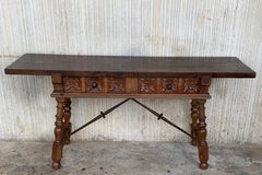 19th Century Catalan Spanish Baroque Walnut Trestle Console Table, Restored