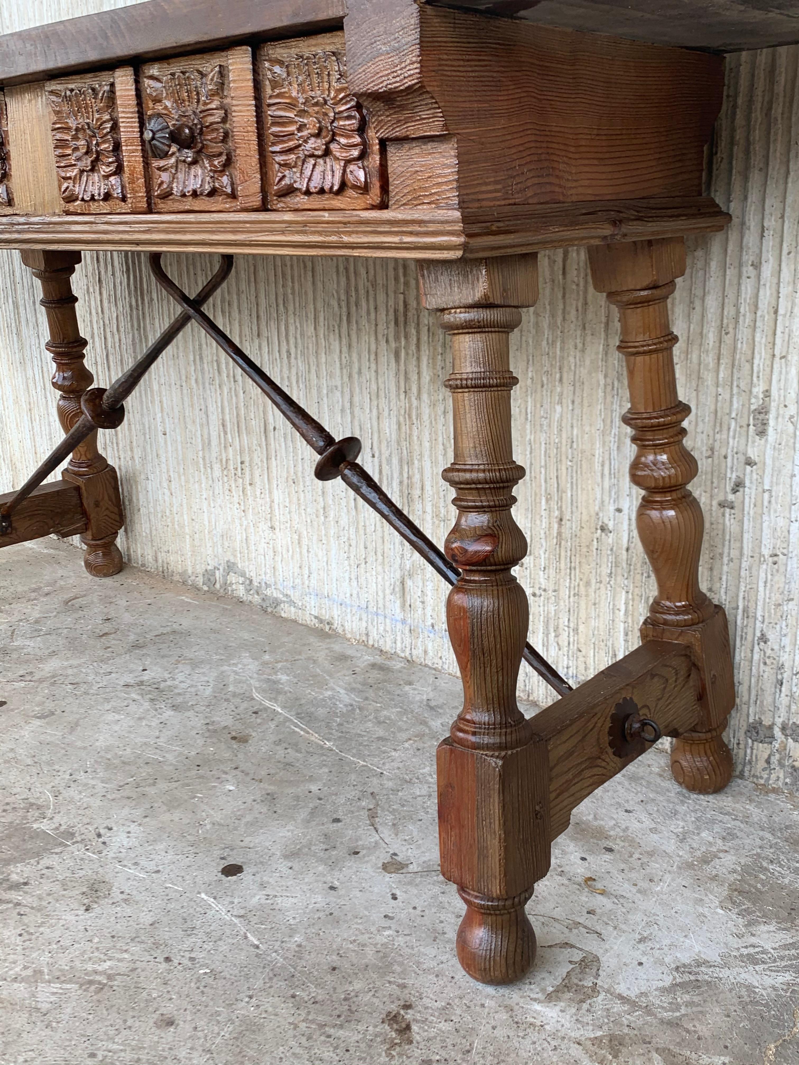 19th Century Catalan Spanish Baroque Walnut Trestle Console Table, Restored 2