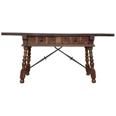 19th Century Catalan Spanish Baroque Walnut Trestle Console Table, Restored