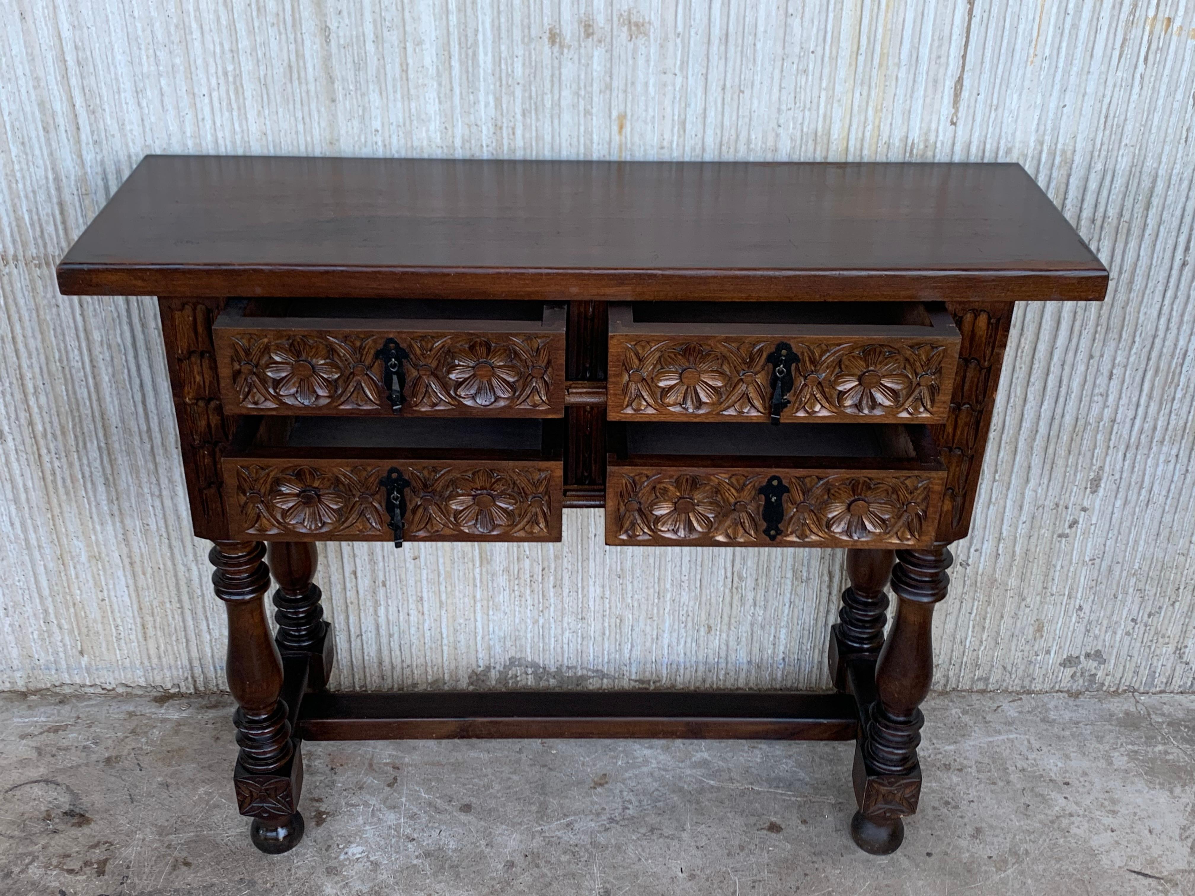19th Century Catalan Spanish Carved Walnut Console Sofa Table, Four Drawers 4