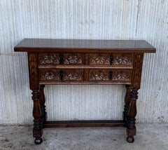 19th Century Catalan Spanish Carved Walnut Console Sofa Table, Four Drawers