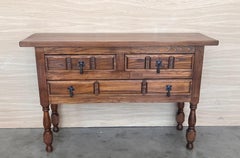 19th Century Catalan Spanish Carved Walnut Console Sofa Table, Four Drawers