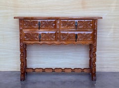 19th Century Catalan Spanish Carved Walnut Console Sofa Table, Four Drawers