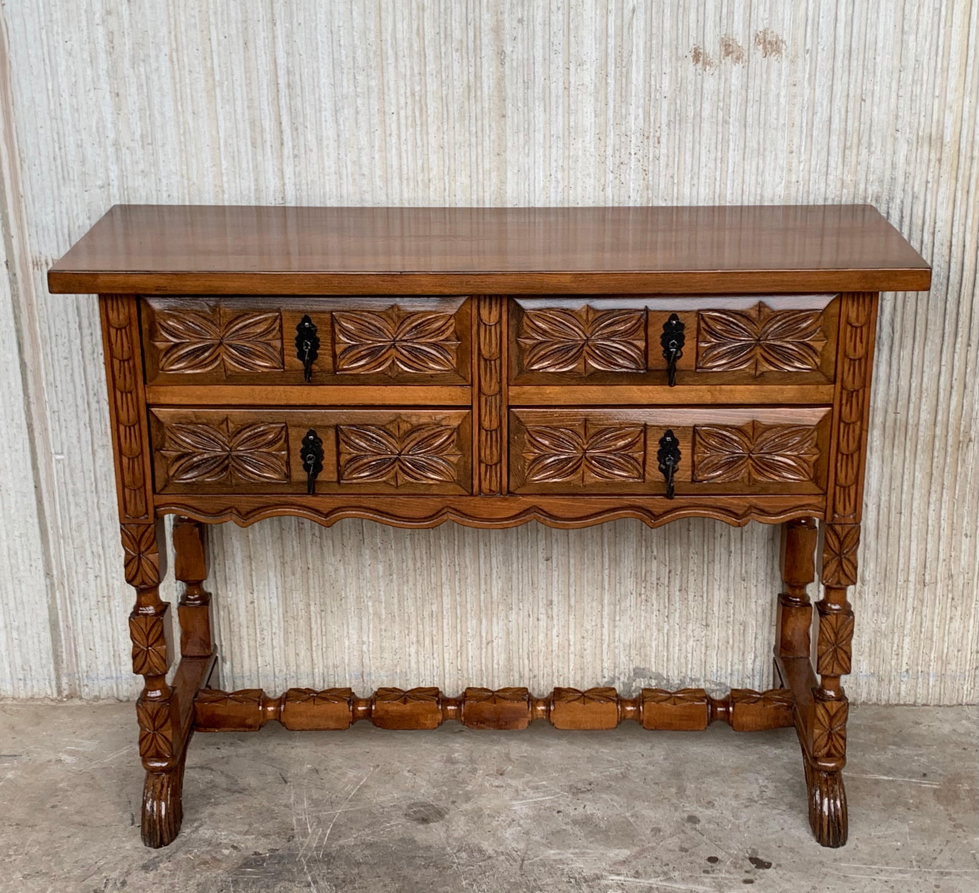 Baroque Revival 19th Century Catalan Spanish Carved Walnut Console Sofa Table, Four Drawers For Sale