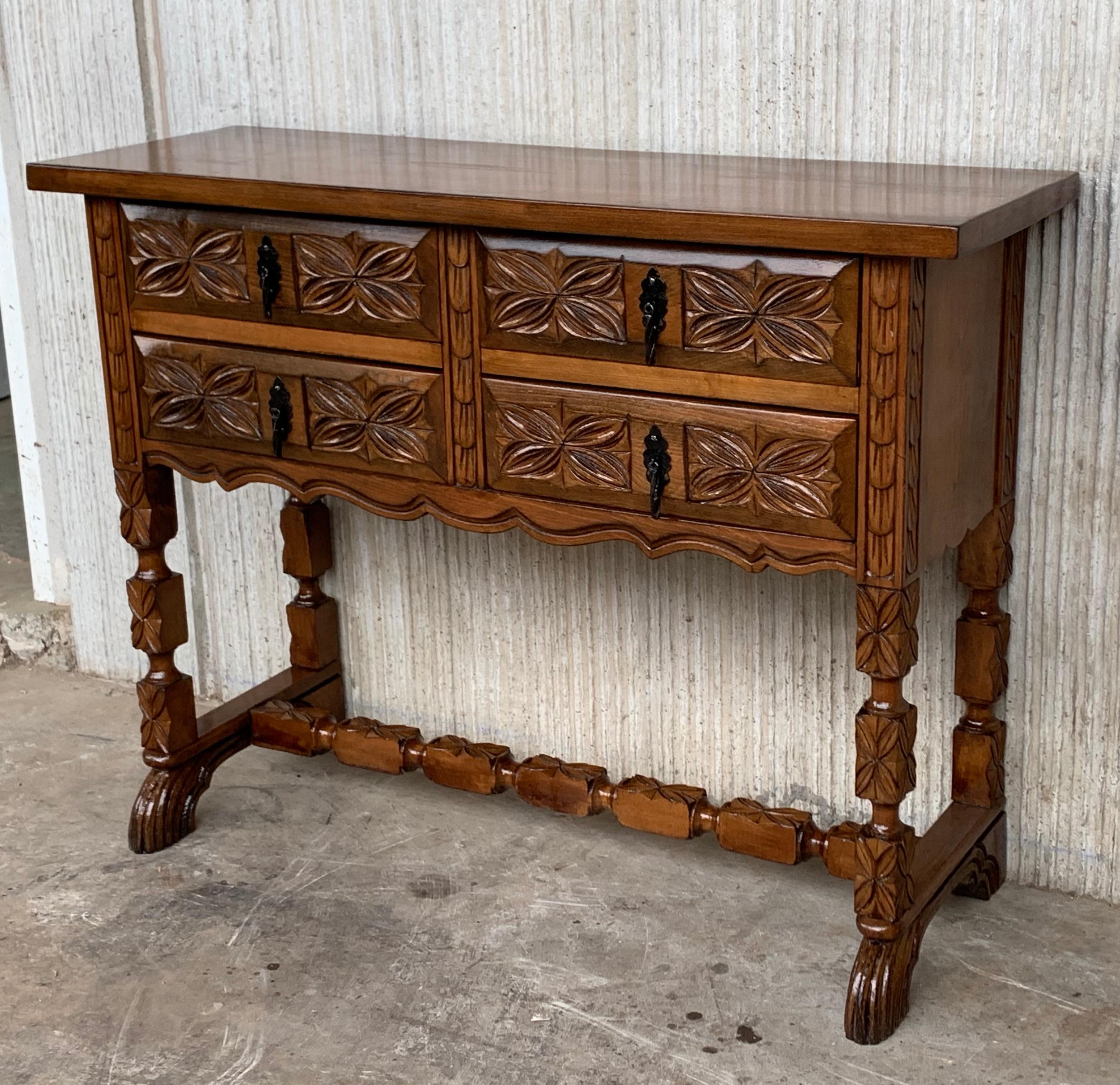 Hand-Carved 19th Century Catalan Spanish Carved Walnut Console Sofa Table, Four Drawers For Sale