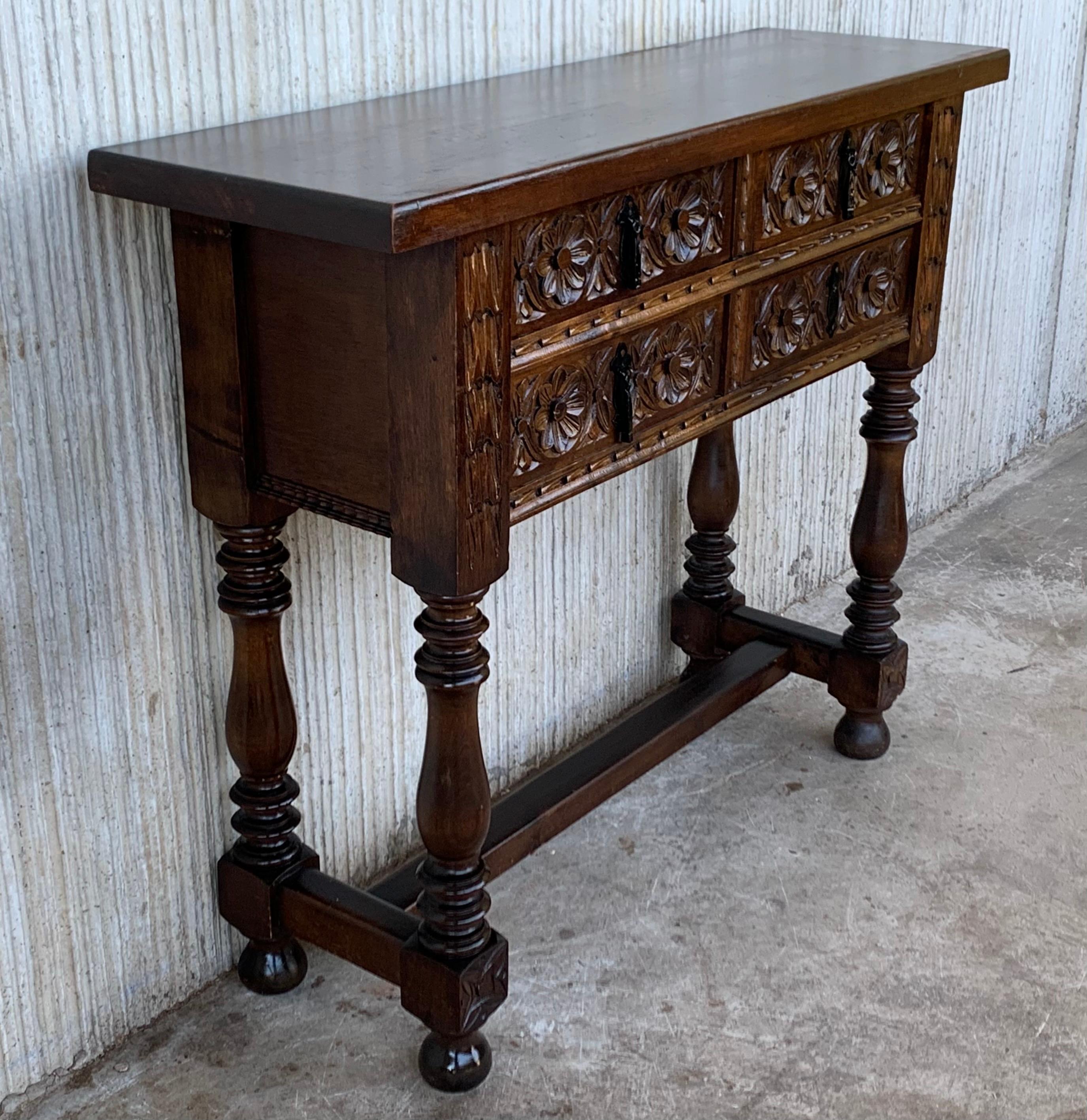 Hand-Carved 19th Century Catalan Spanish Carved Walnut Console Sofa Table, Four Drawers