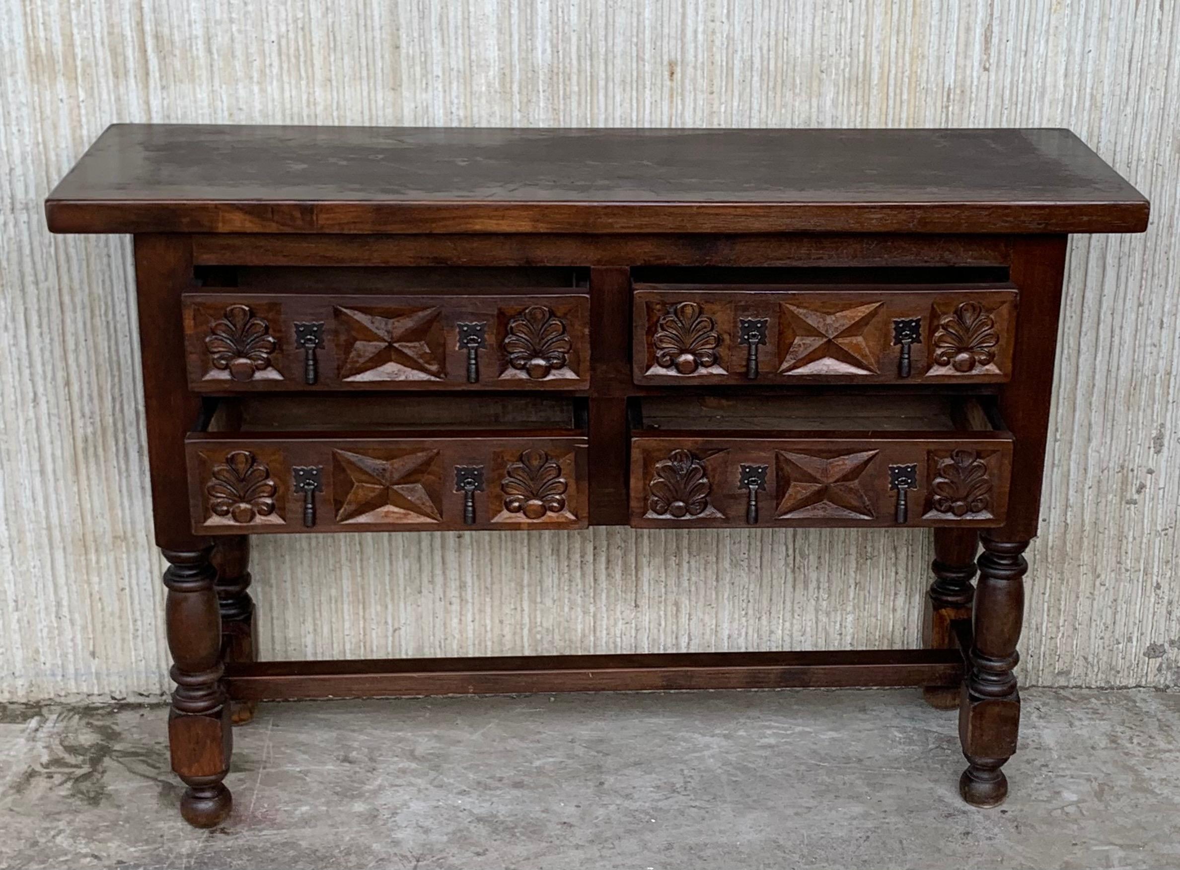 Baroque Revival 19th Century Catalan Spanish Carved Walnut Console Sofa Table, Four Drawers