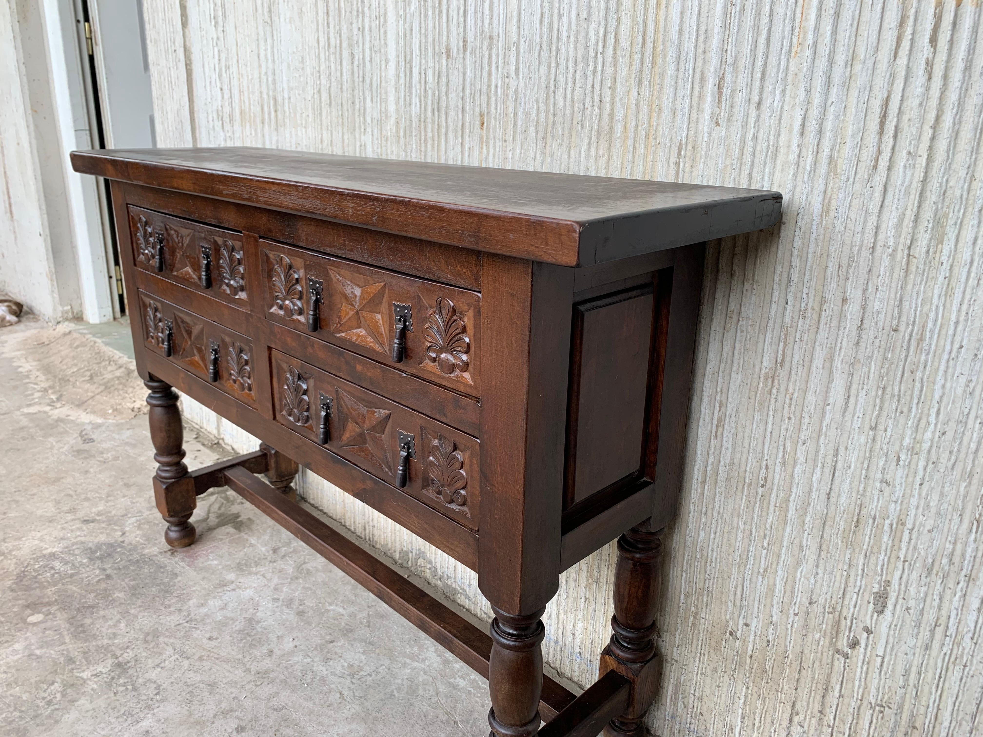 19th Century Catalan Spanish Carved Walnut Console Sofa Table, Four Drawers 1