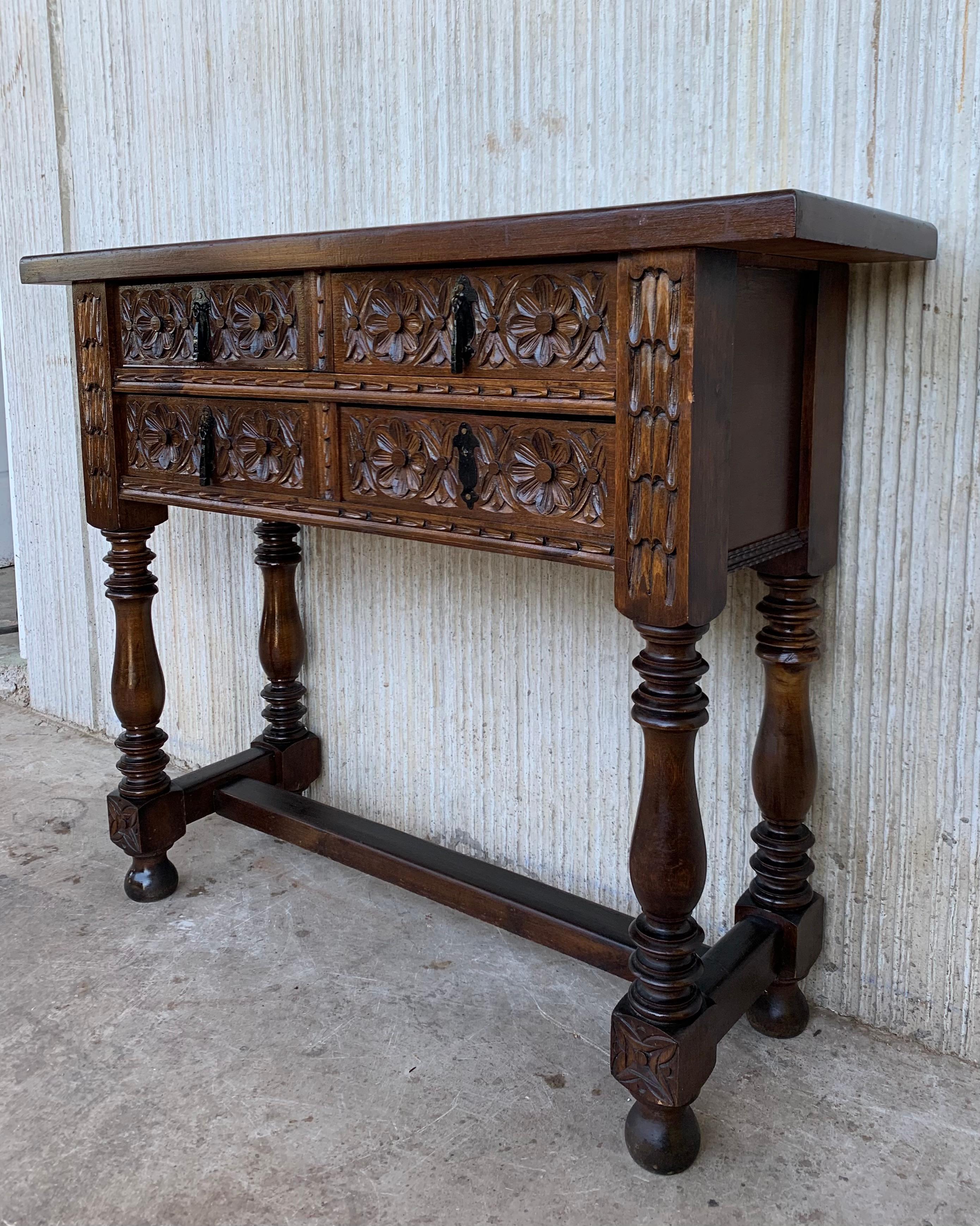 19th Century Catalan Spanish Carved Walnut Console Sofa Table, Four Drawers 3