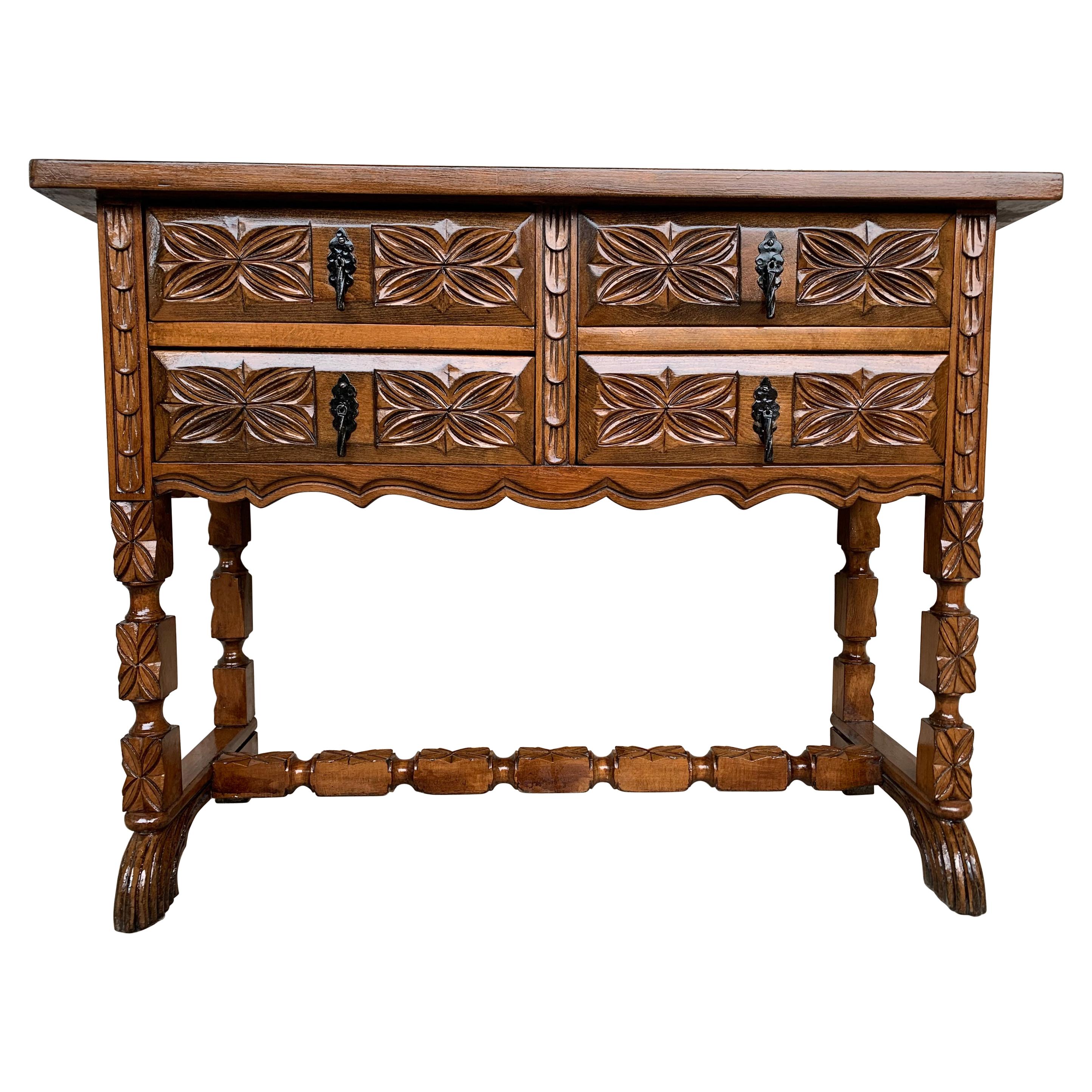 19th Century Catalan Spanish Carved Walnut Console Sofa Table, Four Drawers
