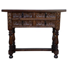 19th Century Catalan Spanish Carved Walnut Console Sofa Table, Four Drawers