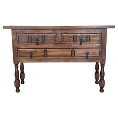 Antique 19th Century Catalan Spanish Carved Walnut Console Sofa Table, Four Drawers