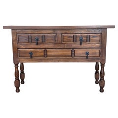 19th Century Catalan Spanish Carved Walnut Console Sofa Table, Four Drawers