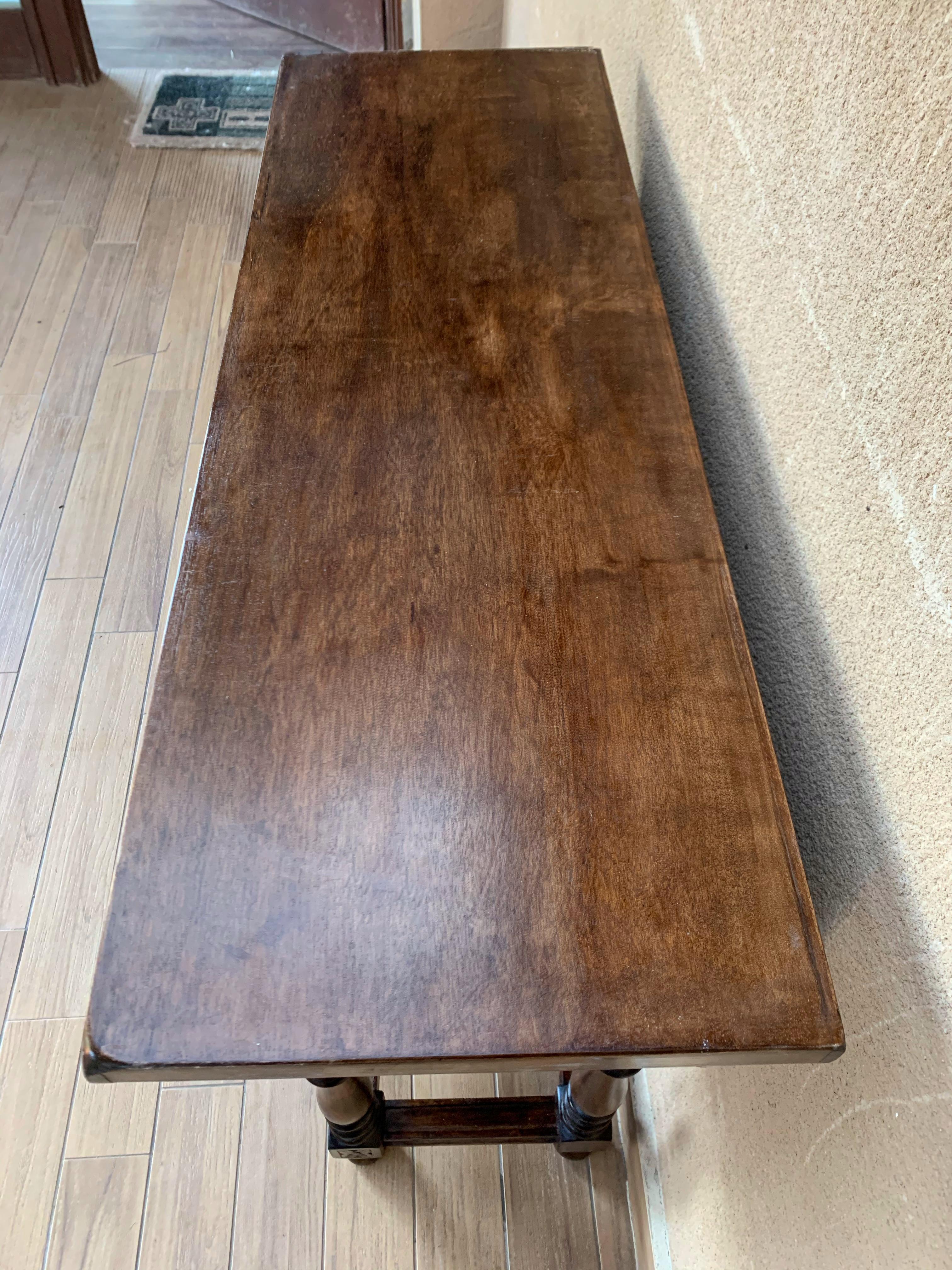 19th Century Catalan Spanish Carved Walnut Console Sofa Table, Three Drawers 6