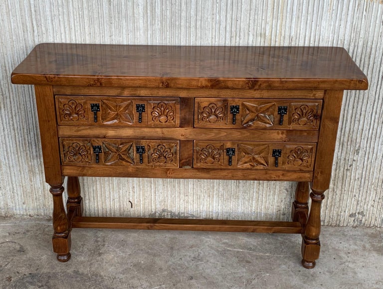 Baroque Revival 19th Century Catalan Spanish Carved Walnut Console Sofa Table, Three Drawers For Sale