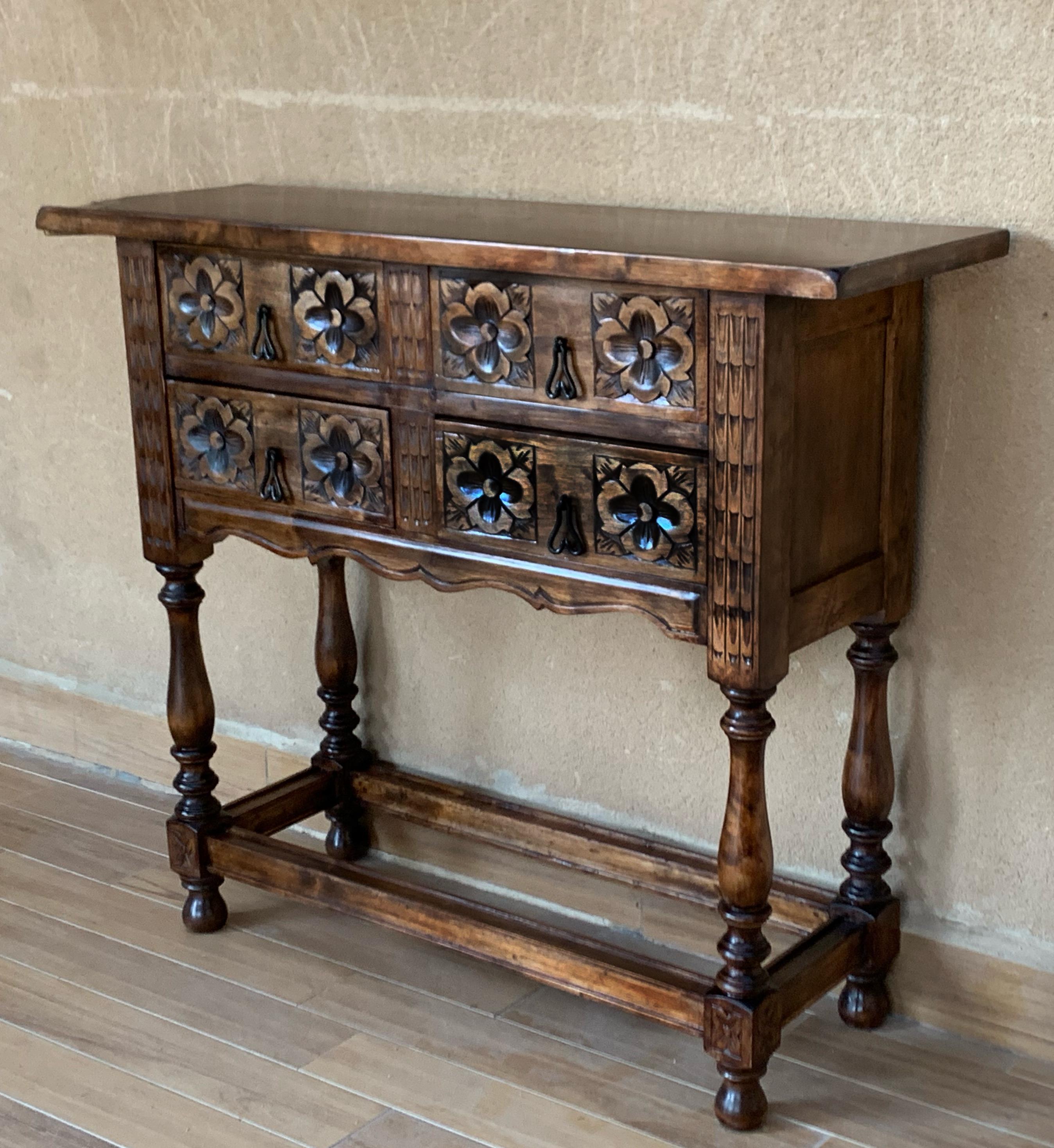 Baroque Revival 19th Century Catalan Spanish Carved Walnut Console Sofa Table, Three Drawers