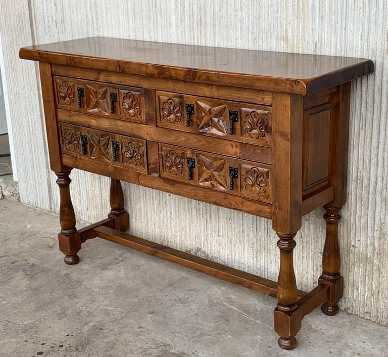 Hand-Carved 19th Century Catalan Spanish Carved Walnut Console Sofa Table, Three Drawers For Sale