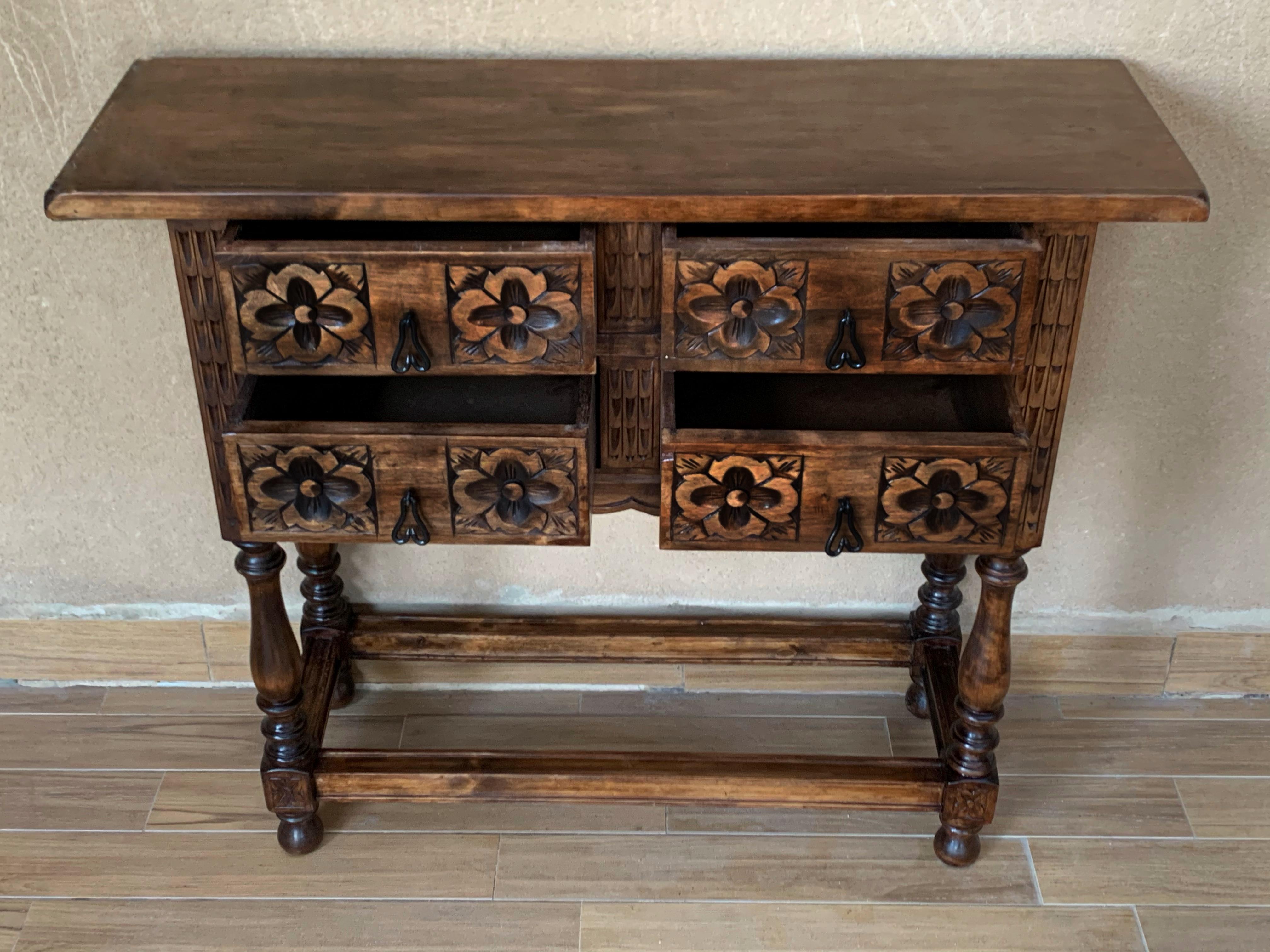 Hand-Carved 19th Century Catalan Spanish Carved Walnut Console Sofa Table, Three Drawers