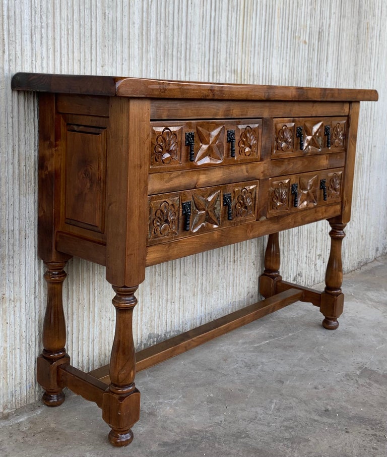 19th Century Catalan Spanish Carved Walnut Console Sofa Table, Three Drawers In Good Condition For Sale In Miami, FL