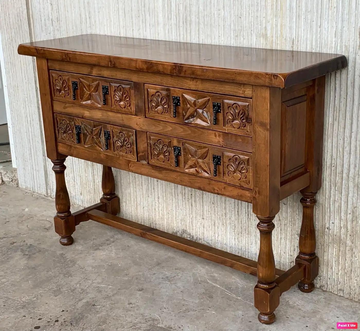 19th Century Catalan Spanish Carved Walnut Console Sofa Table, Three Drawers In Good Condition In Miami, FL