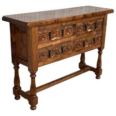 19th Century Catalan Spanish Carved Walnut Console Sofa Table, Three Drawers