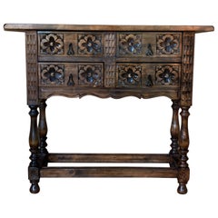 19th Century Catalan Spanish Carved Walnut Console Sofa Table, Three Drawers