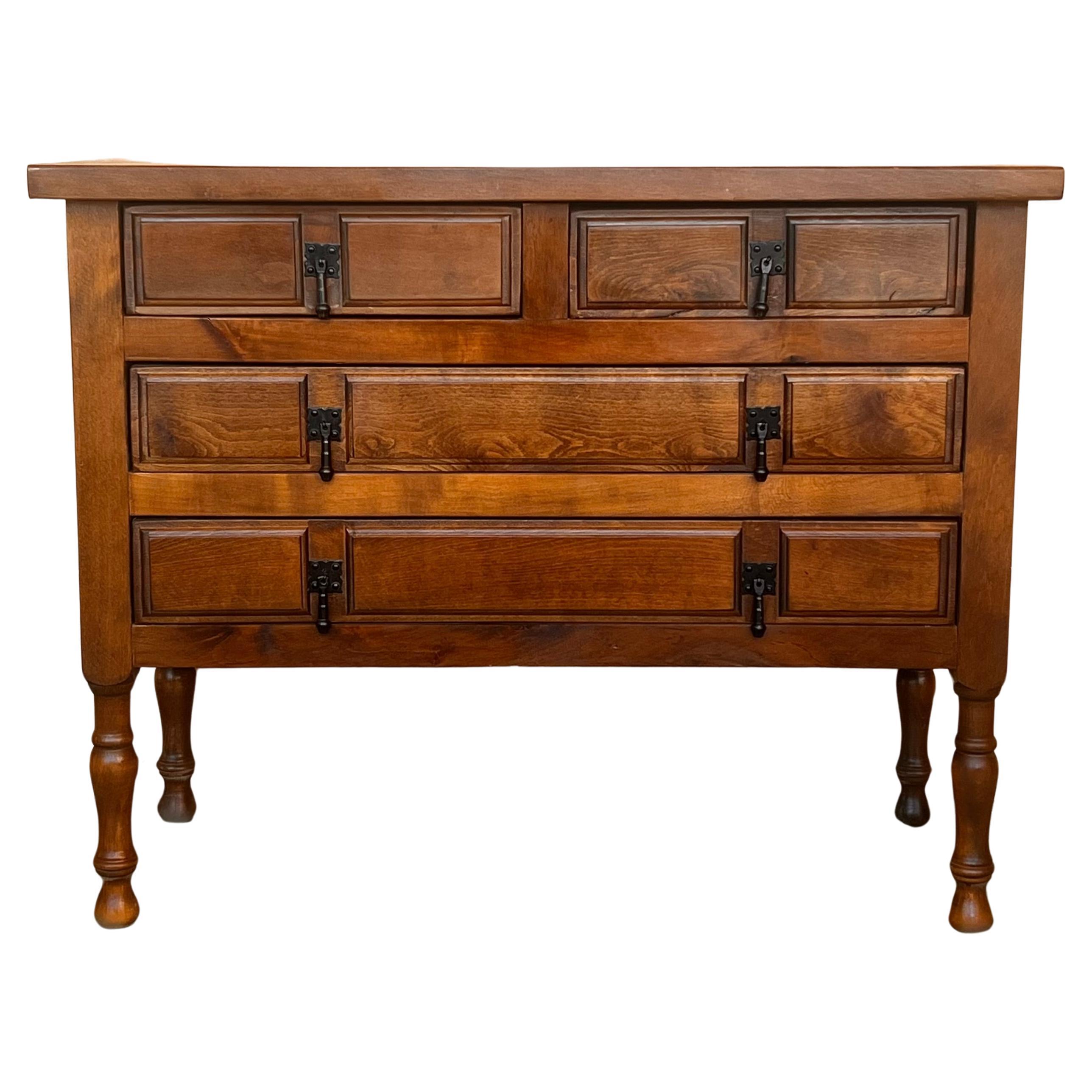 19th Century Catalan Spanish Carved Walnut Console Sofa Table, Three Drawers For Sale