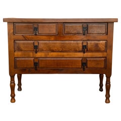 19th Century Catalan Spanish Carved Walnut Console Sofa Table, Three Drawers