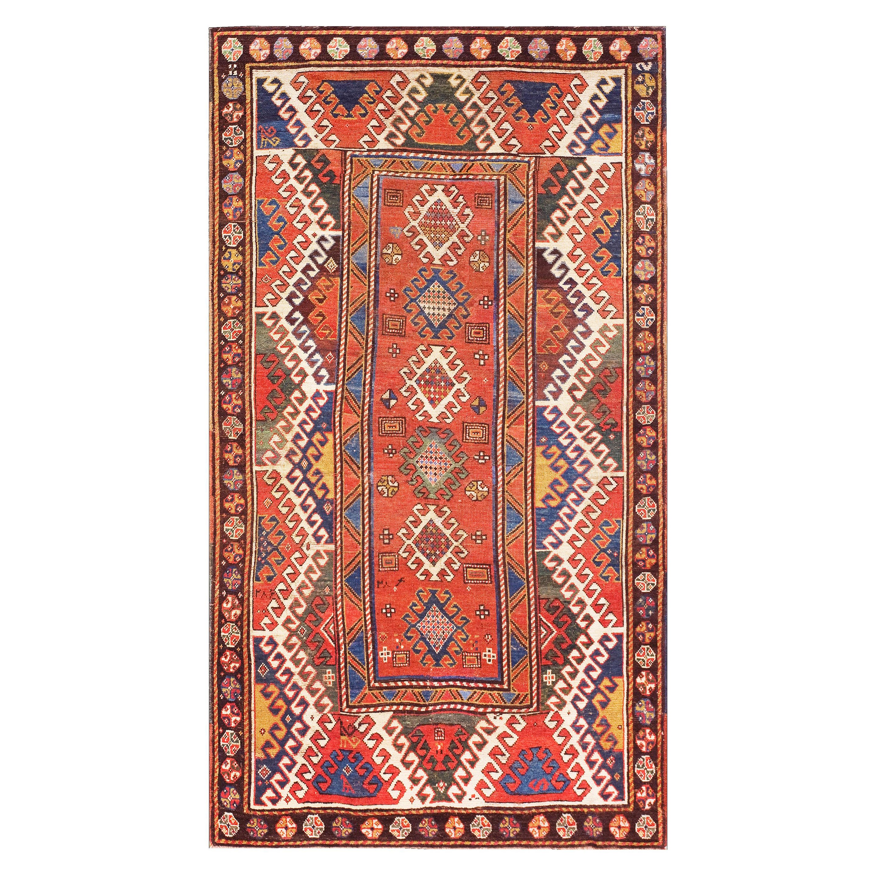 Alfombra Bordjalou Kazak del siglo XIX ( 4'3" x 7'5" - 130 x 226 )