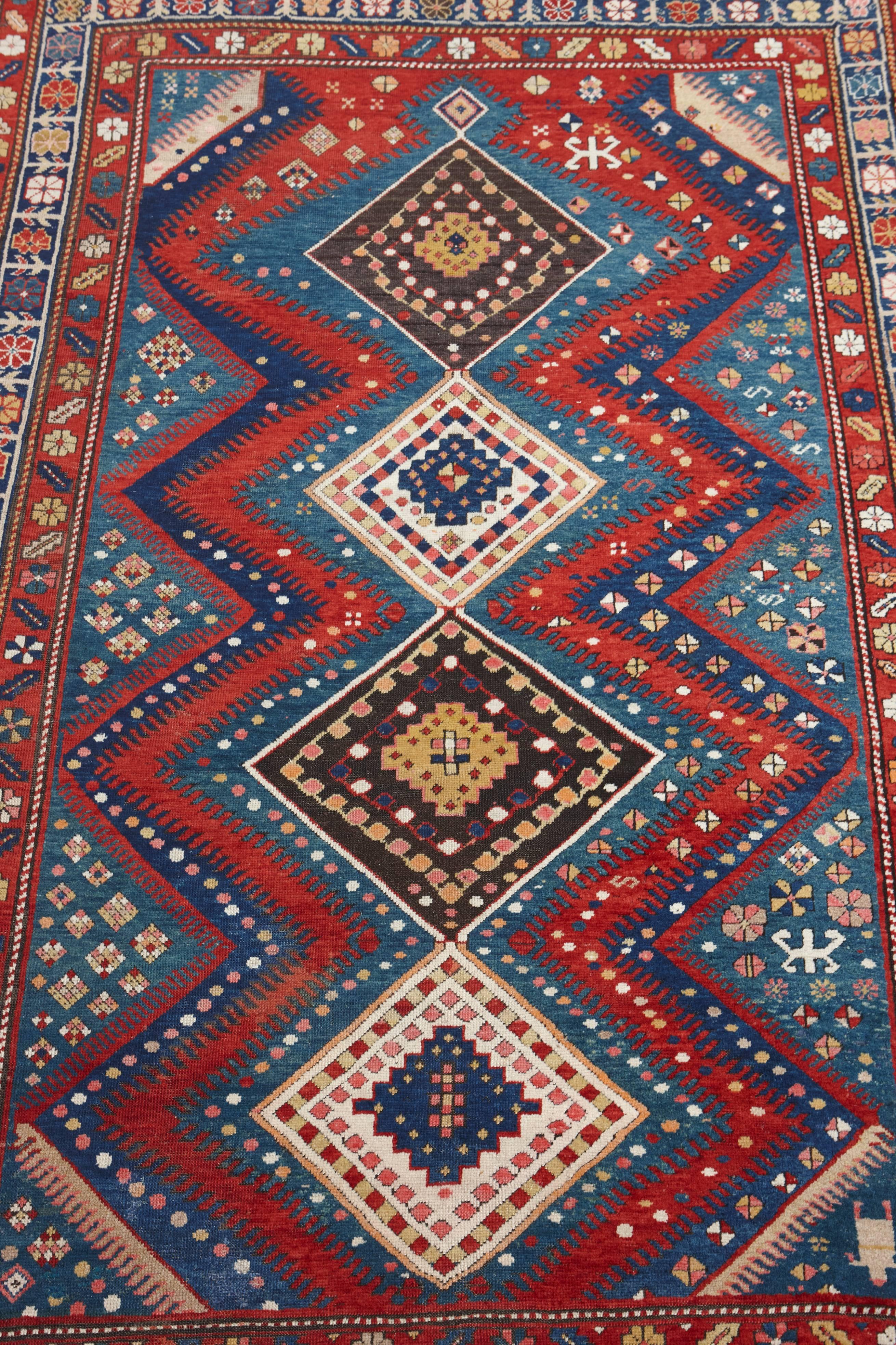 Woven in the regions around North Armenia and South Georgia, Bordjalou Kazaks use some of the most particular designs among Caucasian rugs. Easily recognizable by their latch-hook designs in diagonal formats, Bordjalou Kazaks combine many rich