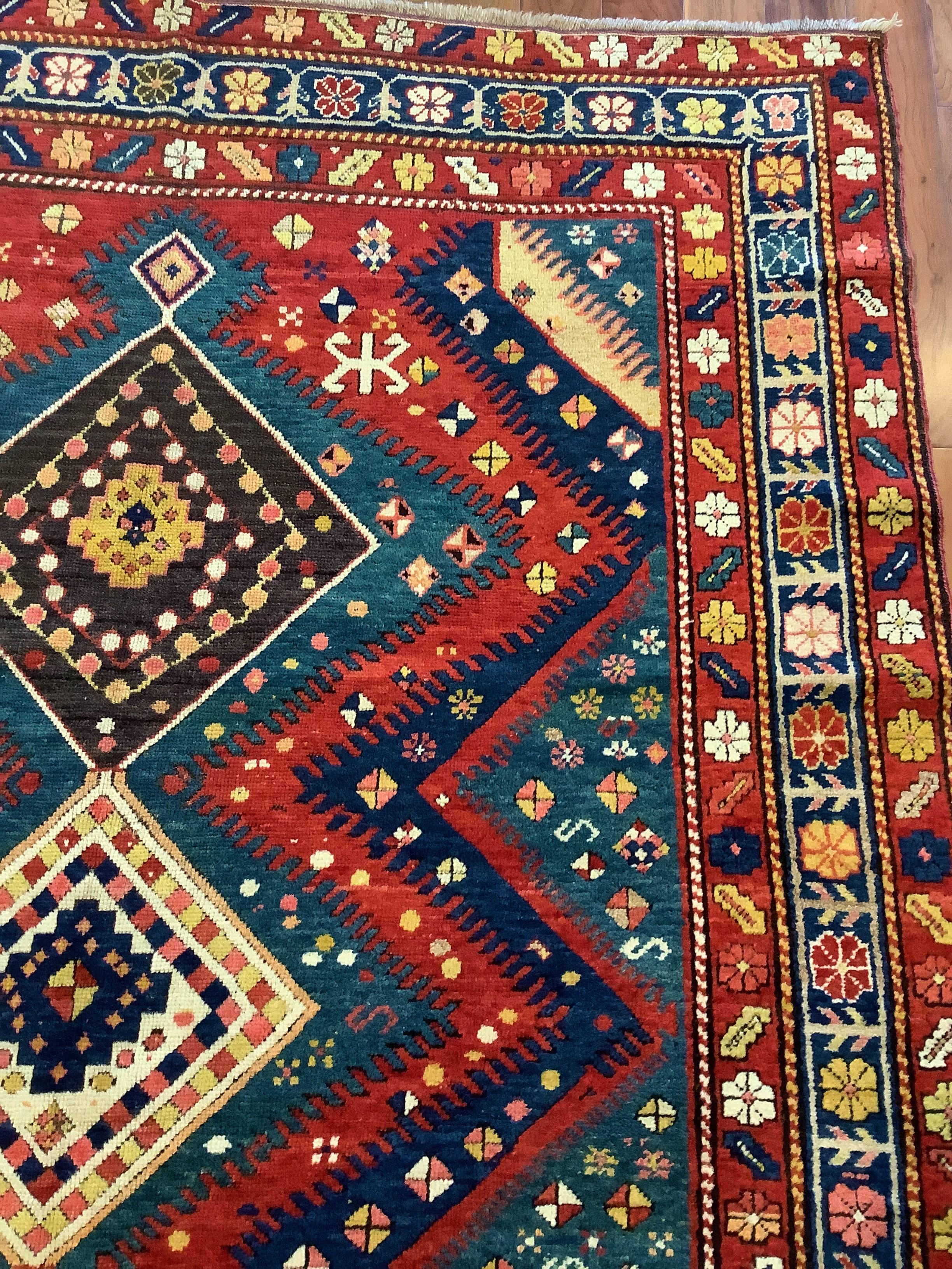 Tintura vegetale Tappeto caucasico Bordjalou Kazak del XIX secolo in vendita