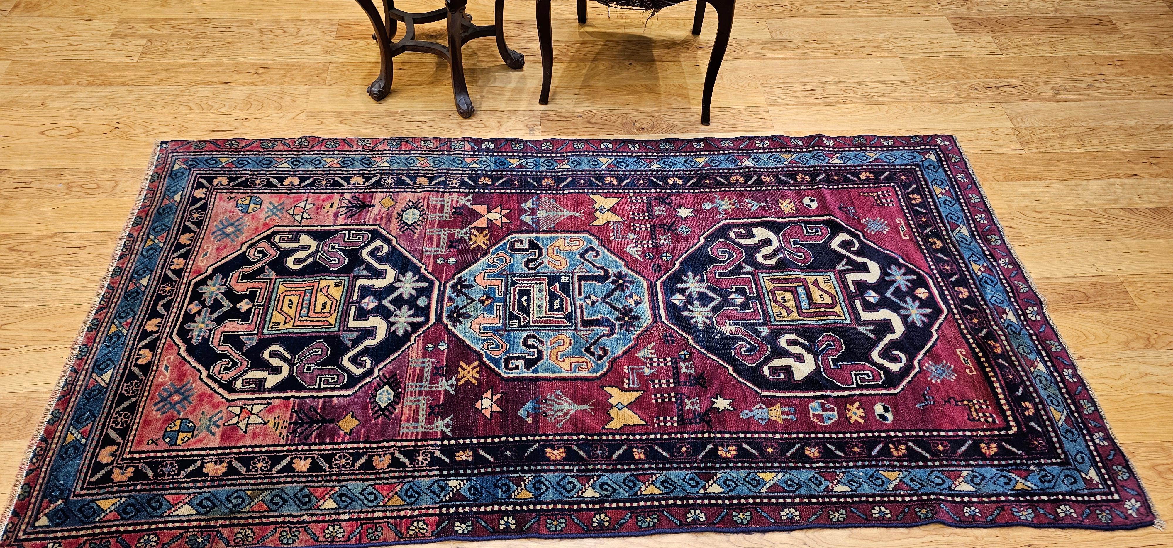 19th Century Caucasian Cloudband Kazak Area Rug in Cranberry Red, Blue For Sale 9