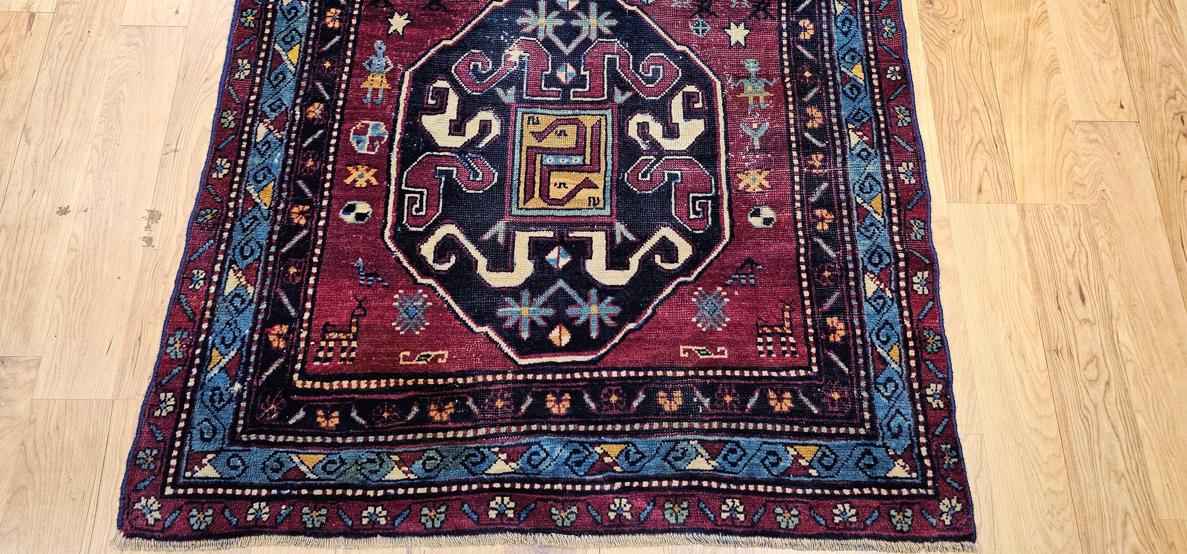 Vegetable Dyed 19th Century Caucasian Cloudband Kazak Area Rug in Cranberry Red, Blue For Sale
