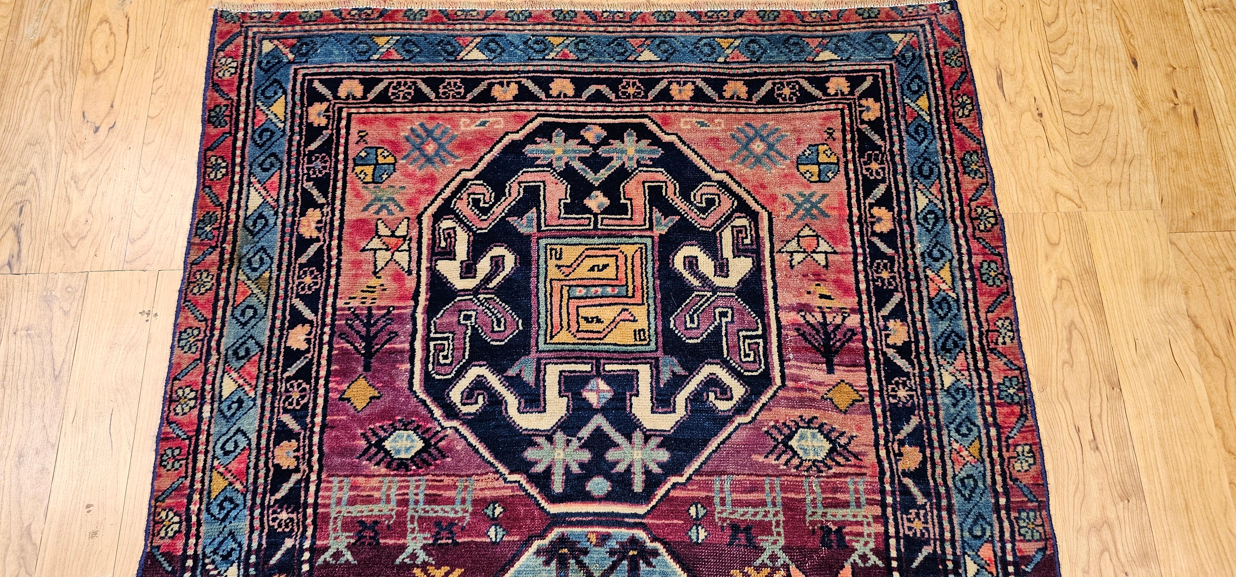 Wool 19th Century Caucasian Cloudband Kazak Area Rug in Cranberry Red, Blue For Sale