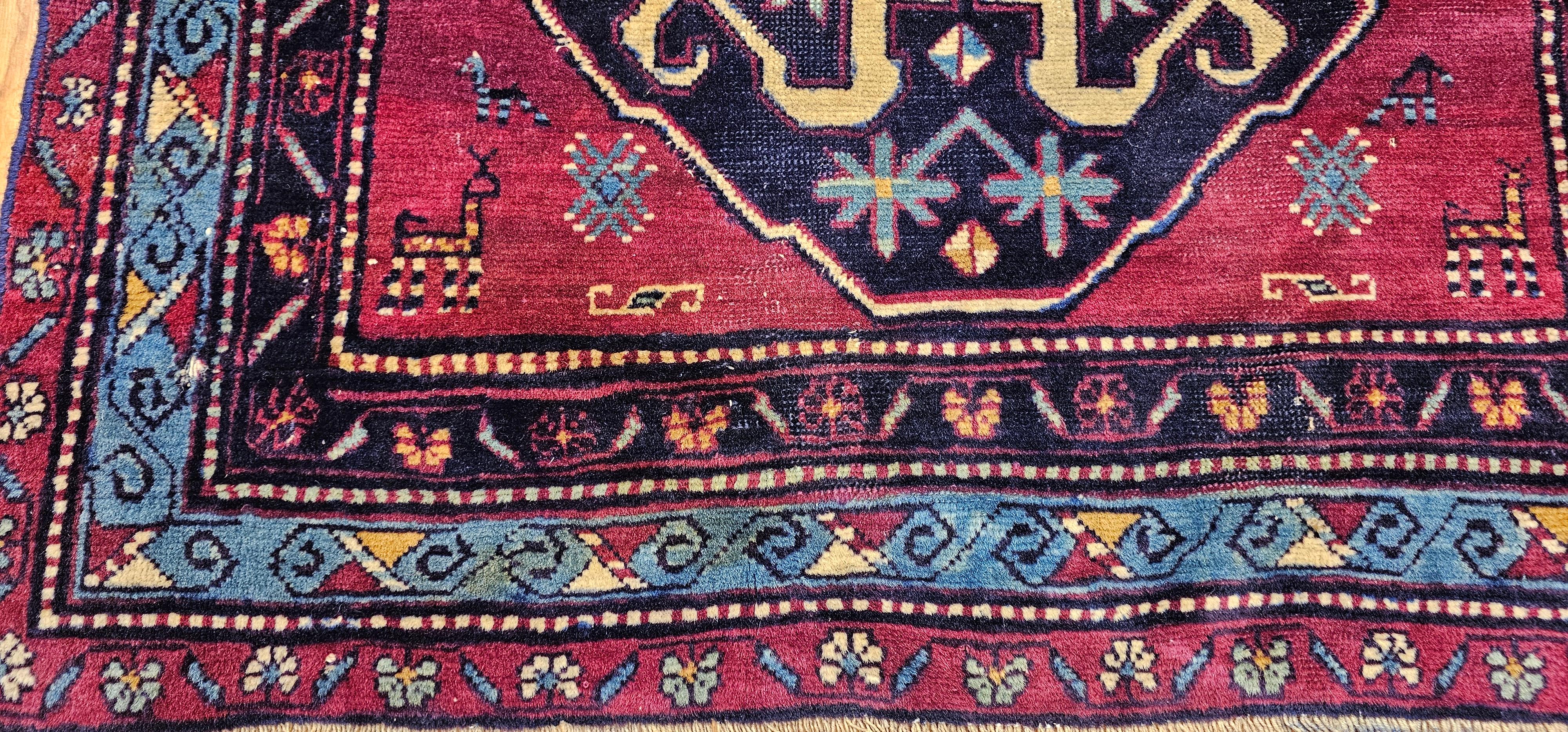 19th Century Caucasian Cloudband Kazak Area Rug in Cranberry Red, Blue For Sale 1