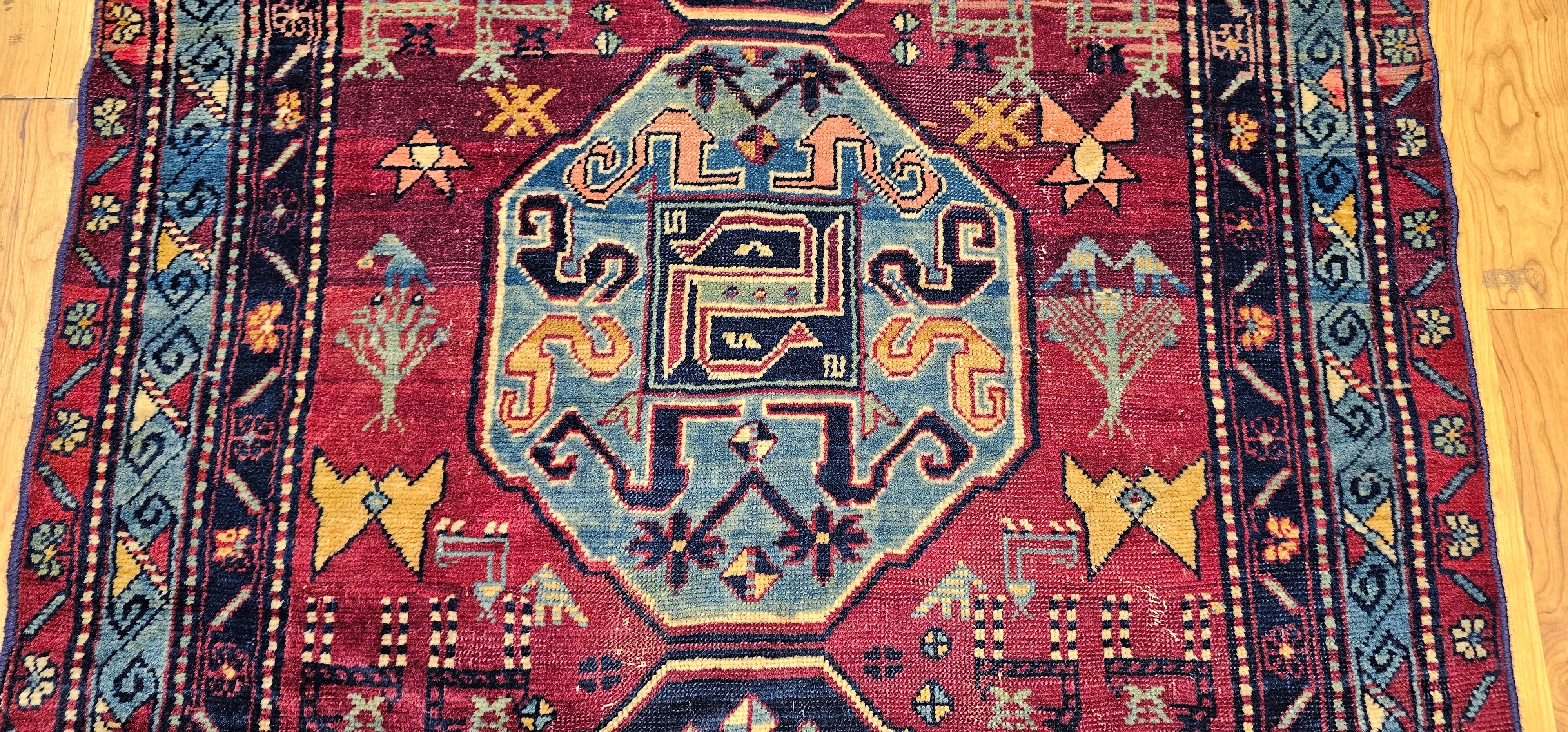 19th Century Caucasian Cloudband Kazak Area Rug in Cranberry Red, Blue For Sale 4