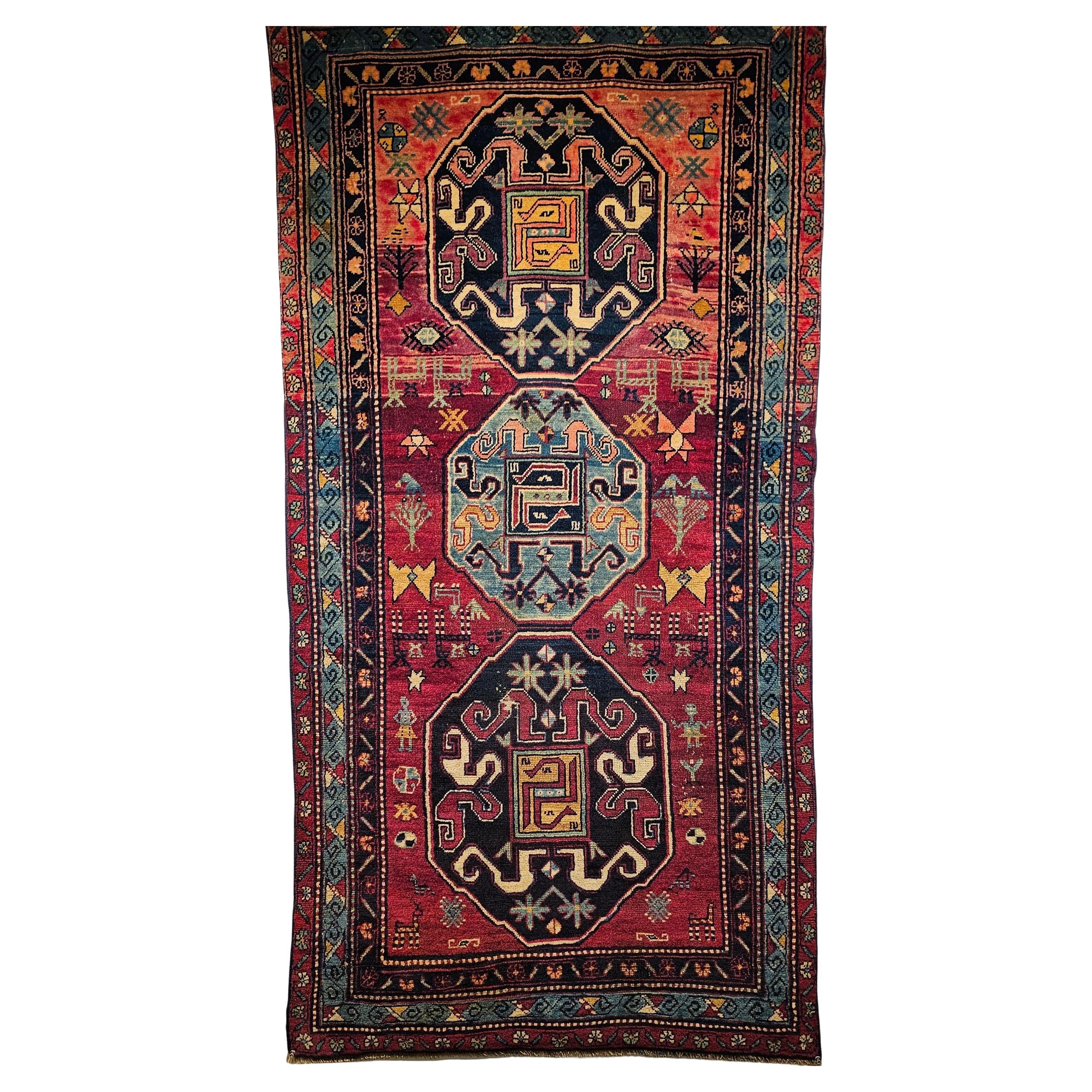 19th Century Caucasian Cloudband Kazak Area Rug in Cranberry Red, Blue For Sale
