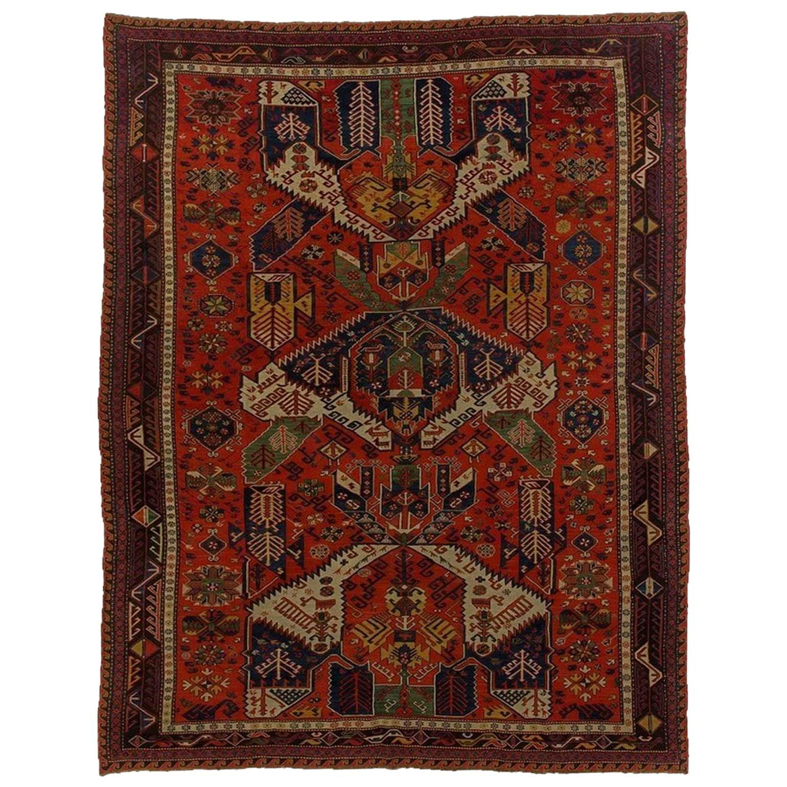 19th Century Caucasian Dragon Sumak Rug Hand-Knotted in Wool Red Green Yellow For Sale