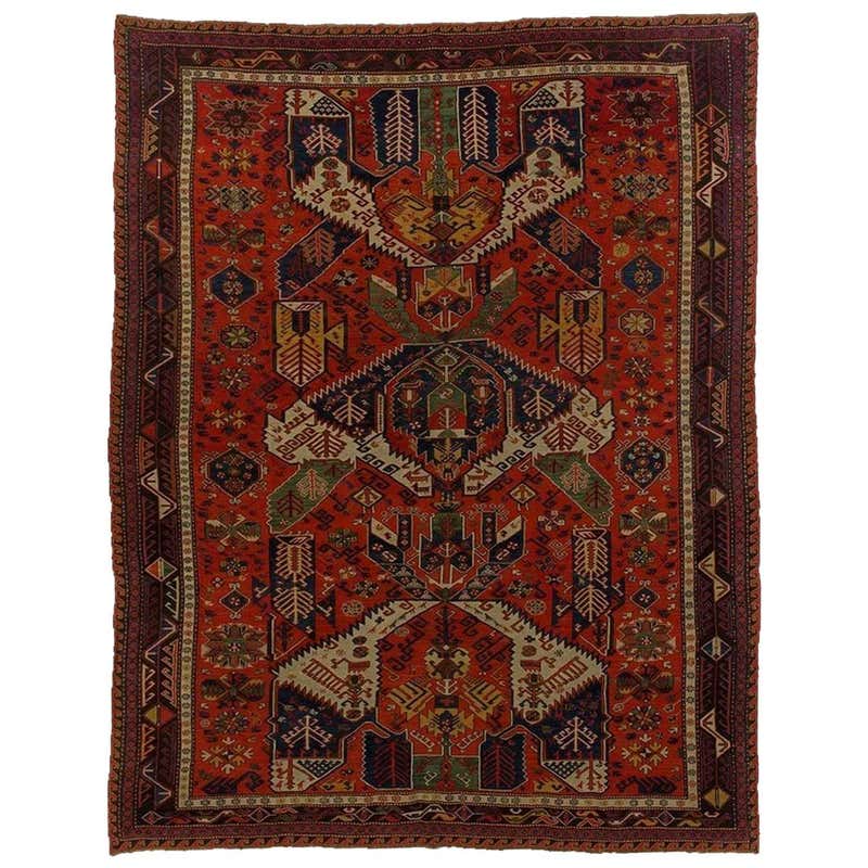 19th Century Red Blue Green White in Wool Kazak Pinwheel Crab Caucaso ...