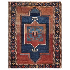 19th Century Caucasian Fachralo Kazak Prayer Area Rug, Persimmon & Blue, 3' x 4'