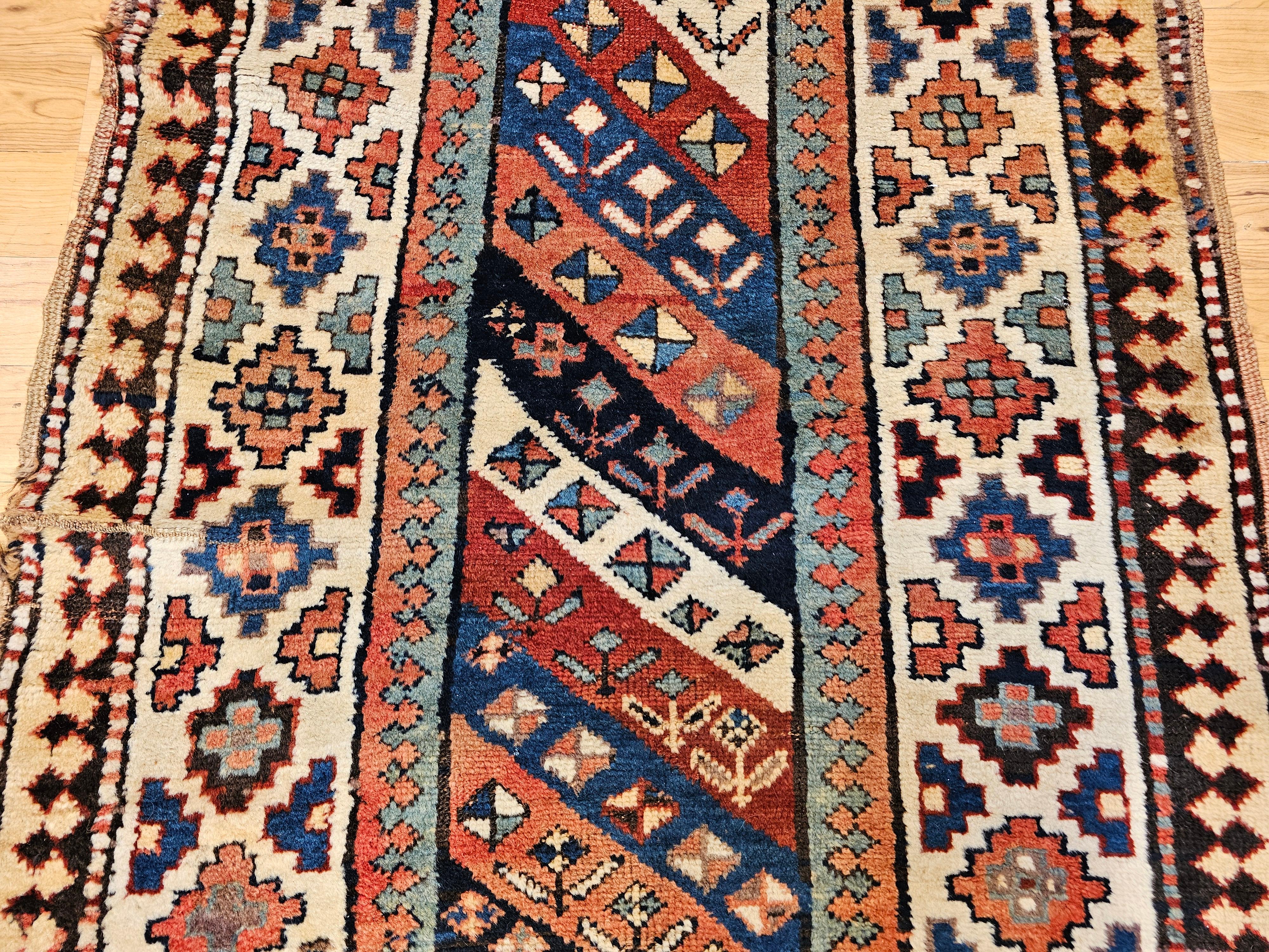 19th Century Caucasian Gendje Kazak Runner in Navy, Ivory, Red, Yellow, Blue In Good Condition For Sale In Barrington, IL