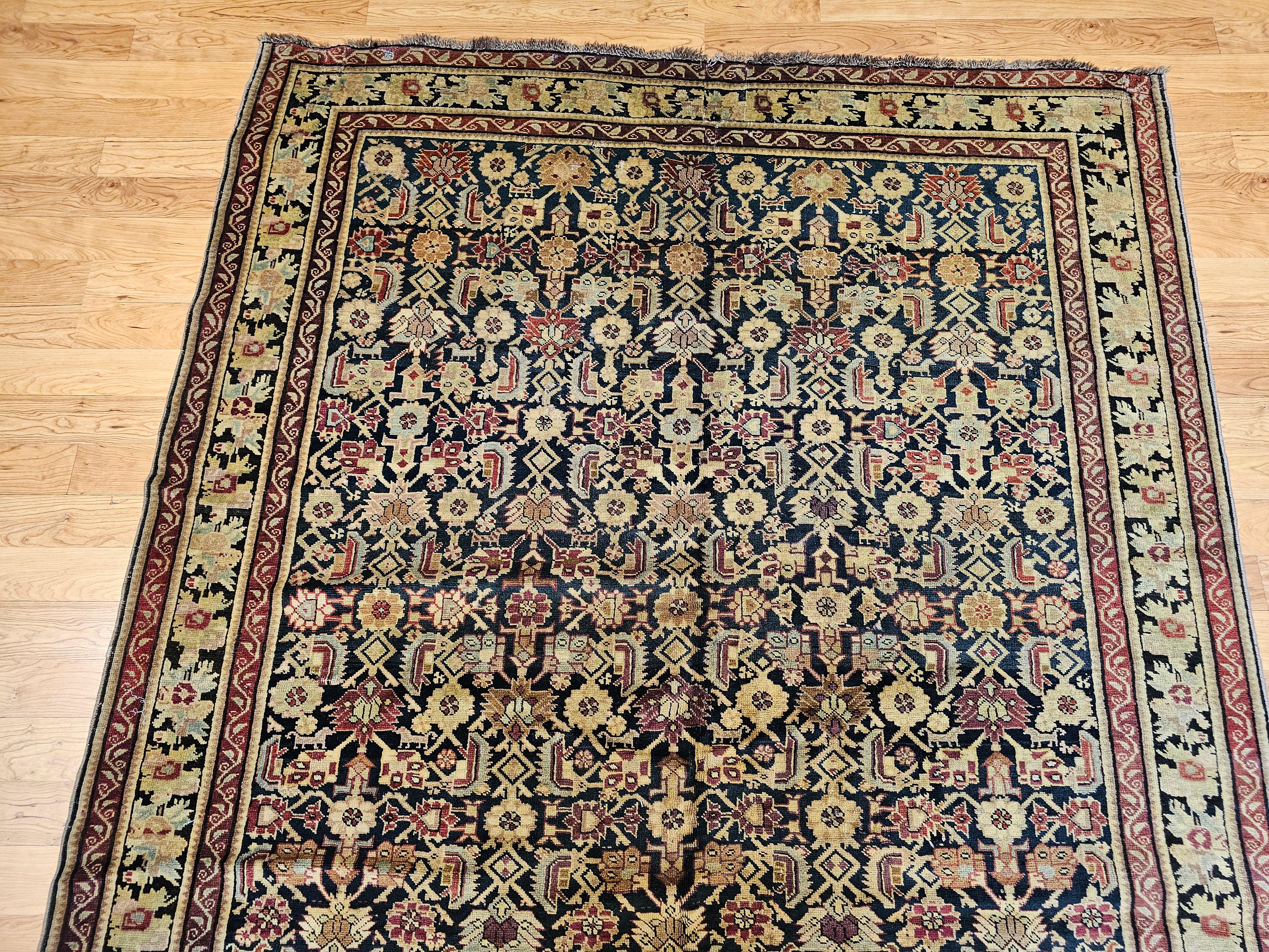 Alfombra de la Galería Karabagh del Cáucaso del siglo XIX en  Azul marino, Marrón, Azul, Rosa, Verde Teñido con vegetales en venta
