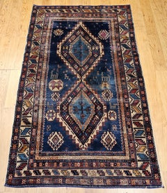 19th Century Caucasian Kazak Area Rug, Hand-Knotted Wool, Blue
