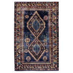 Tappeto kazako caucasico del XIX secolo, in lana annodato a mano, blu e avorio, 4' x 6'