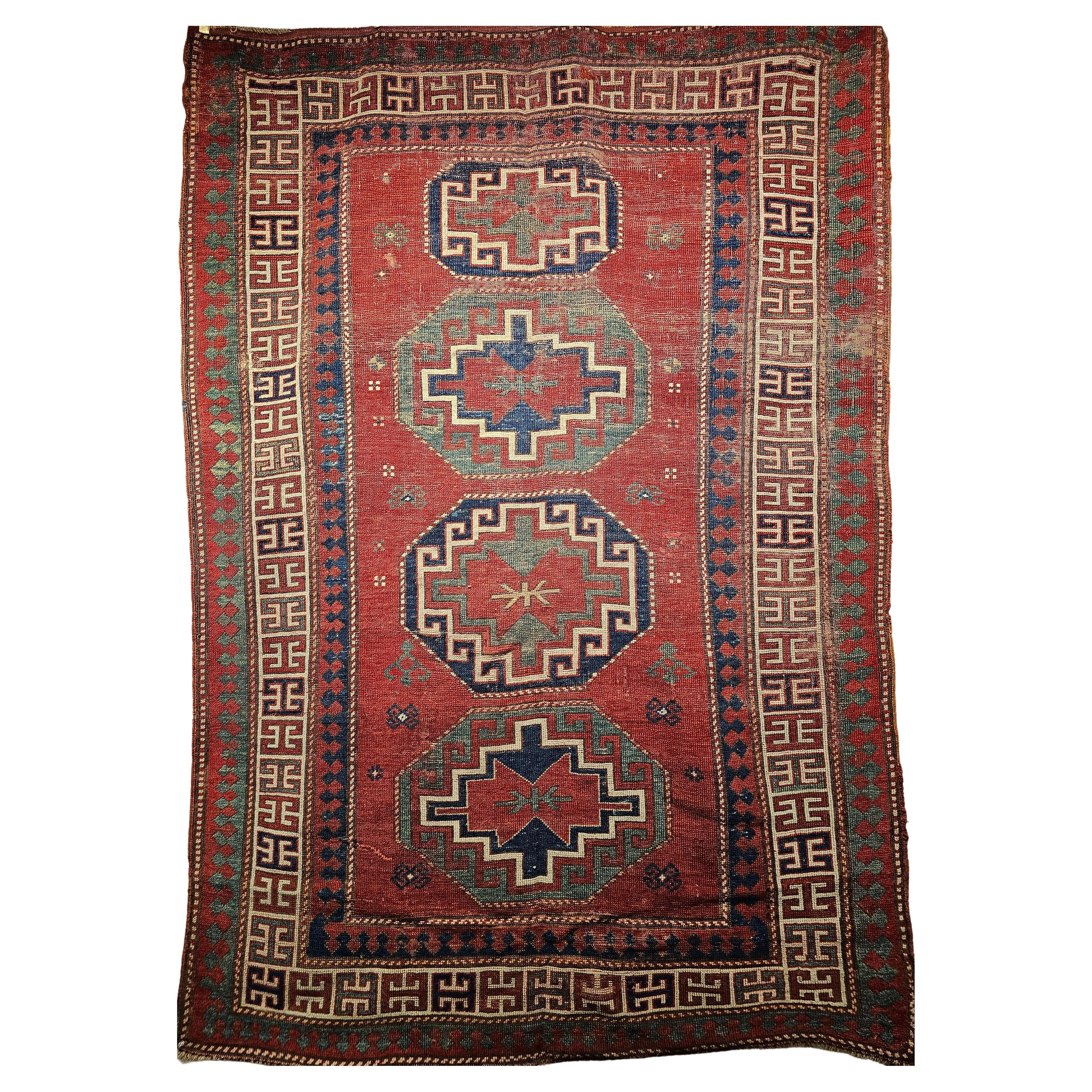 19th Century Caucasian Kazak Area Rug in Red, Green, Blue, Yellow, Ivory